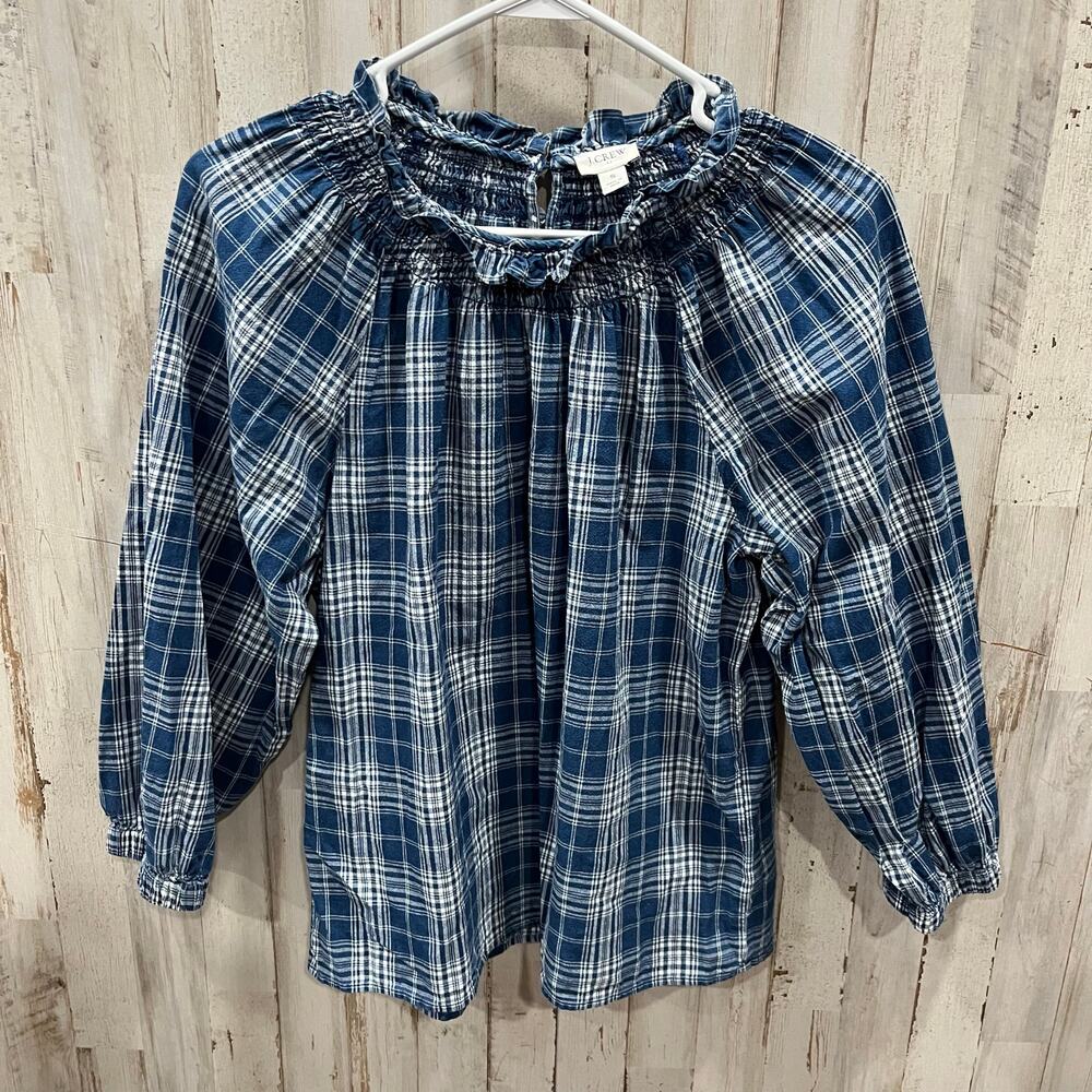 JCrew Factory‎ Blue Plaid smocked ruffleneck top Women’s Size Small 100% Cotton
